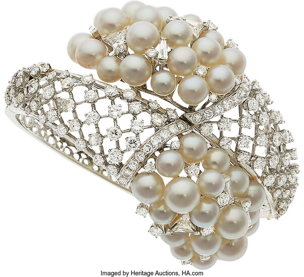 Diamond, Cultured Pearl, White Gold Bracelet The bracelet features...