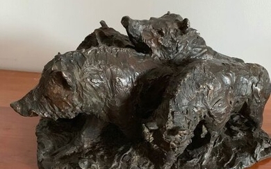 E Chevalier- Sculpture, Horde of wild boars - Bronze - Second half 20th century