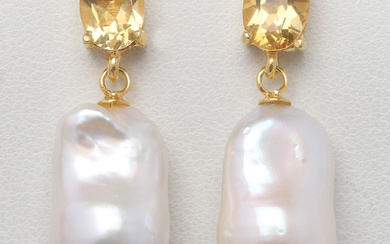 EARRINGS, a pair, sterling silver with citrine & pearls, contemporary.