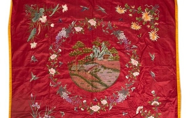 EMBROIDERED SILK PANEL OF A PALACE AND BIRDS...