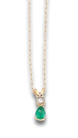 EMERALD AND DIAMOND PENDANT, IN YELLOW GOLD WITH CHAIN