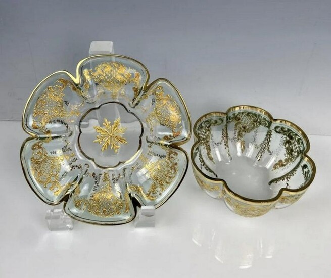 ENAMELLED AND GILT MOSER FINGER BOWL AND PLATE