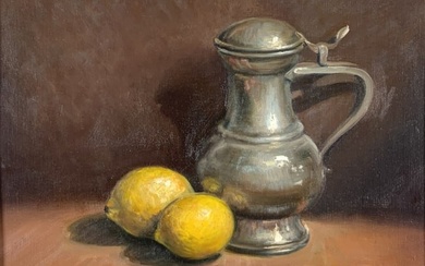Earl Bushnell, Lemons still life, pewter flask