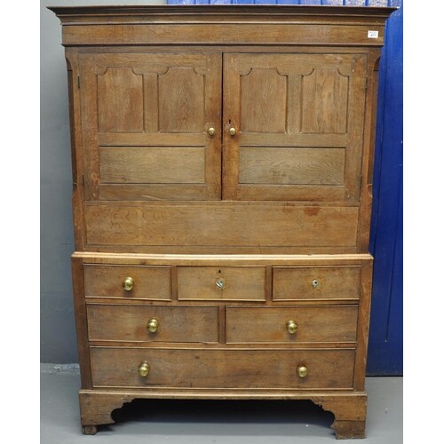 Early 19th Century Welsh oak two stage press cupboard, the m...