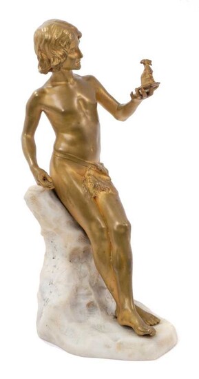 Early 20th century Continental Art Nouveau gilt bronze figure of a boy on marble base