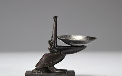 Edgar BRANDT (1880-1960) PELICAN, ART DECO trinket tray in iron signed