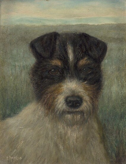 Edward Aistrop, British, fl.1880-1920- Portrait of a terrier; oil on board, signed 'E AISTROP' (lower left), 22.6 X 17.6 cm. Provenance: Private Collection, UK.
