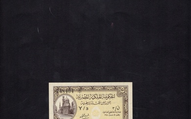 Egypt. Kingdom. Egyptian Government. 5 Piastres (`Irsh). Law 1940. P-164. No. Y/3 748404. Brown...
