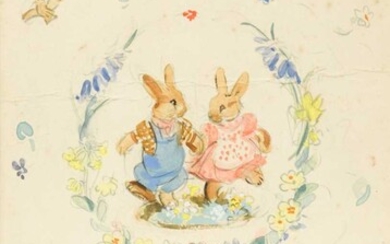 Eileen Soper, four original illustrations for Happy Rabbit, published Macmillan 1947, three with
