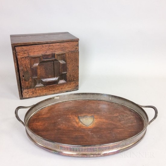 English Silver-plate and Oak Tray and an Oak Spice Chest, 19th century, ht. to 12, lg. to 23 in.