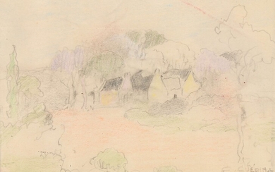 Ernest GUERIN (1887-1952) "Study of landscape with thatched cottages" colored pencils cabd 13x9.5