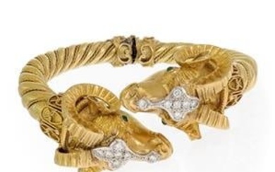 Estate Diamond Emerald 18k Gold Double Rams Head Hinged Cuff Bracelet