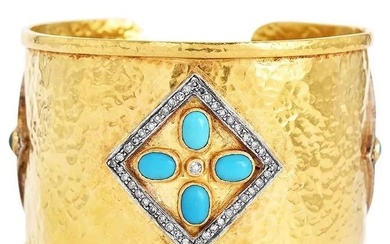 Estate Diamond Turquoise 18K Gold Wide Cuff Bracelet