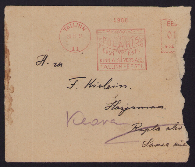 Estonia Tallinn - Rapla Polaris envelope 1934