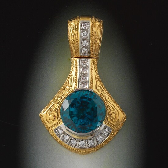 Exceptional Blue Zircon, 35 ct, Mounted in Heavy Gold Pendant