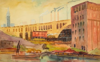 "FACTORY ALONG THE RIVER" BY AUGUST F. BIEHLE (1885-1979).