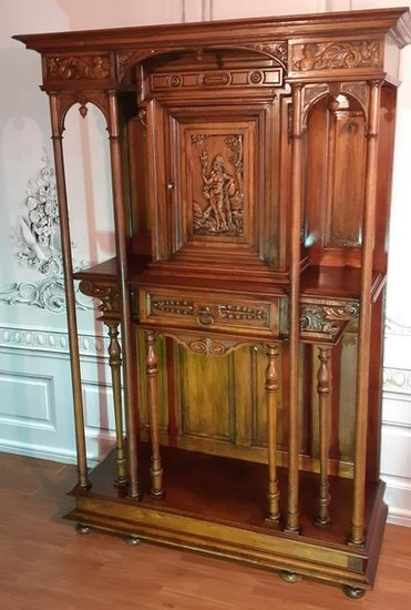 FRENCH CARVED WALNUT ETAGERE CABINET