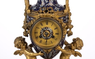 FRENCH LOUIS XV-STYLE DORE BRONZE AND CHAMPLEVE MANTEL CLOCK