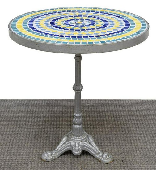 FRENCH MOSAIC TILED CAST IRON BISTRO TABLE