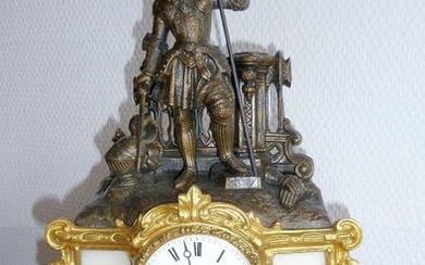Figural mantel clock, with Joan of Arc in armor and flag! - Gilt bronze - 1840-1850