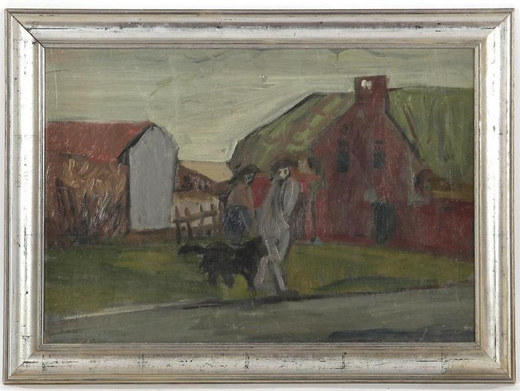 Figures with a dog in a landscape, board dated 1955
