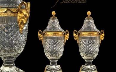 Fine 19th C Pair of French Baccarat Crystal Bronze Urns