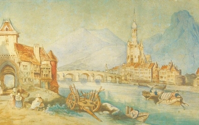Follower of Thomas Charles Leeson Rowbotham RI, British 1823-1875- View along the Rhine with a castle and a stone bridge; watercolour, 26.5 x 46.5cm., (unframed)