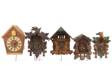 Four German carved Black Forest cuckoo clocks and a Russian ...