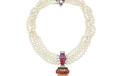 Four Strand Cultured Pearl, Two-Color Gold, Ruby, Sapphire and Diamond Choker Tassel Necklace