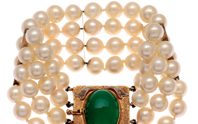 Four-row pearls bracelet with tinged gold and gemstones clasp.