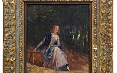 Franz Skarbina (1849 Berlin - 1910 ebenda) Jeune femme élégante de l'époque Biedermeier, assise sur...