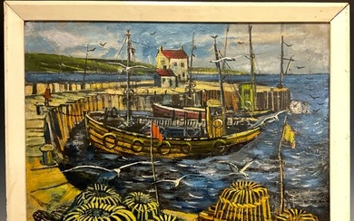 Fred Yates, Quayside Boats, Cornwall, signed, dated 1971, oi...