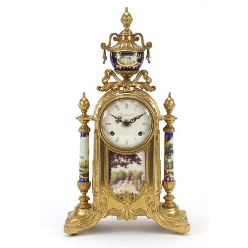 French Empire style gilt metal mantle clock with porcelain p...