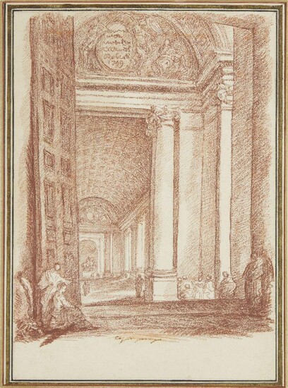 French School, mid-late 18th Century- Interior of a palace; red chalk on paper, inscribed '...Roberts / 1769' (in the cartouche upper centre), bears indistinct inscription (lower centre), 32.5 x 23.5 cm. Provenance: M. le Comte de Lestang-Parade...