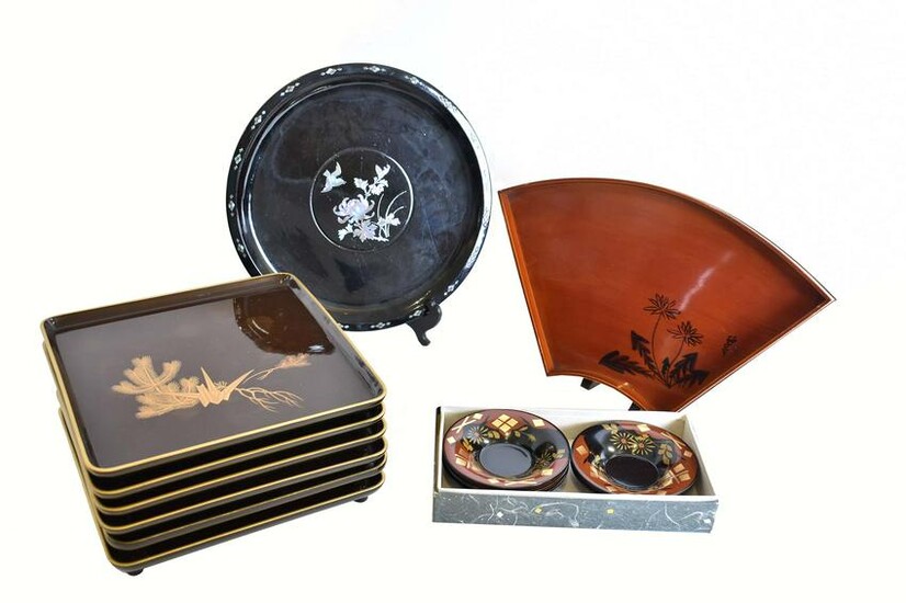 GROUP OF ASIAN LACQUER TRAYS & DISHES