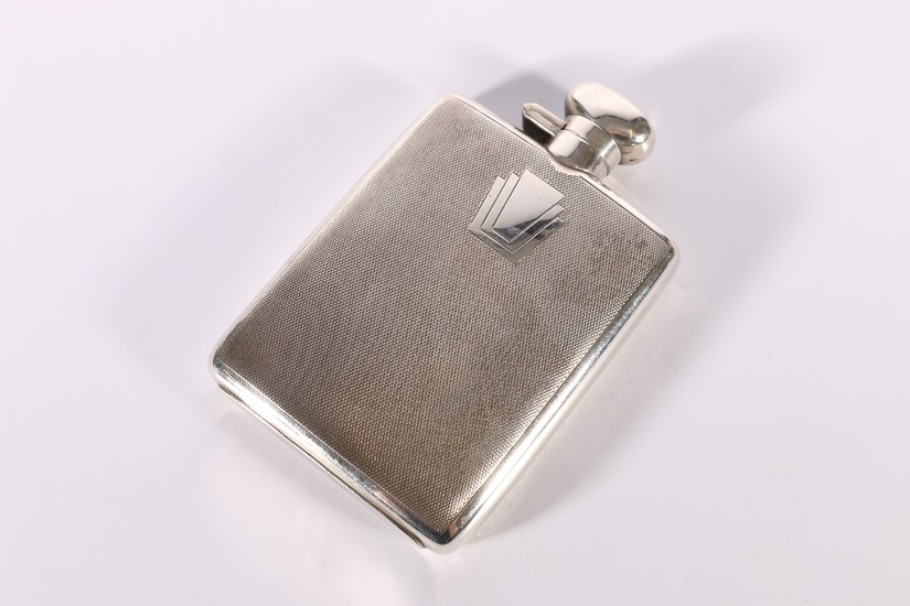 George V Art Deco period silver spirit hip flask with engine...