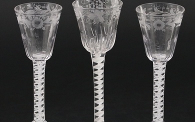 Georgian Opaque Twist Engraved Wine Glasses, Mid to Late 18th Century