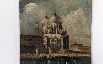 Giacomo Guardi, attributed to. Grand Canal Venice miniature painting. Oil on canvas on thin board.
