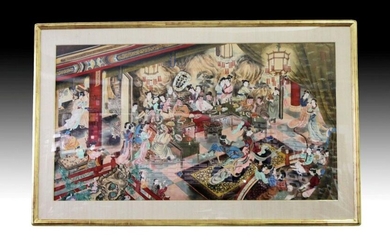 Gigantic Chinese Interior Group Scene Watercolor