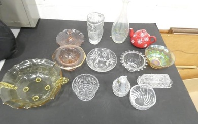 Glass Lot incl Carnival Glass Bowl, Pink Depression Glass Tidbit Tray with Center Handle