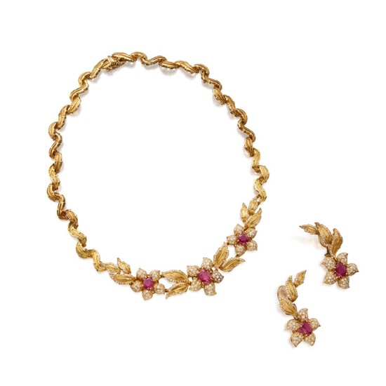 Gold, Ruby and Diamond Necklace and Pair of Earclips