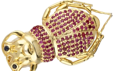 Gold plated sterling silver beetle brooch set with ruby and sapphire.