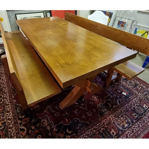 Good quality French oak refectory type dining table having X...