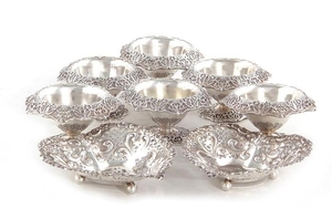 Gorham reticulated silver salt cellar set and heart-shaped dishes (8pcs)