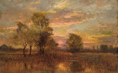 (Gottlieb Daniel) Paul Weber, 1823 Darmstad- 1916 München, Abendrot über Baum bestandener Landschaft, huile/peinture à...