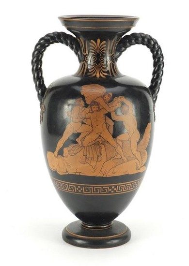 Greek Revival twin handled terracotta vase decorated