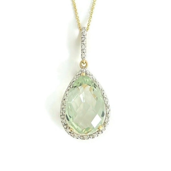 Green Amethyst Diamond Teardrop Pendant Necklace 14K 10K Yellow Gold, 3.37 Grams