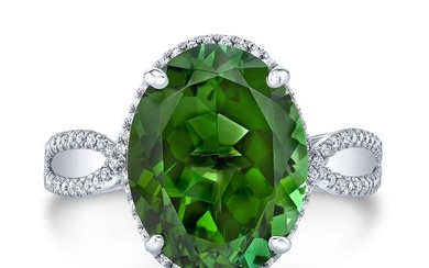 Green Tourmaline And Diamond Oval Halo Ring With Pave Frame And Twined Split Shank In 14k White Gold
