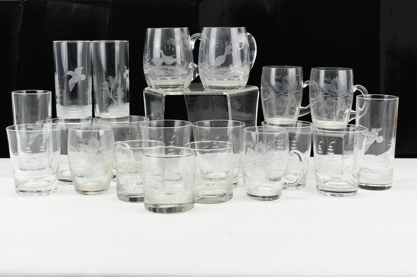 Group of 20 Assorted Etched Colorless Glassware