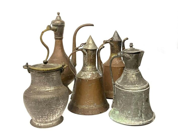 Group of 5 Pitchers in brass, Tunisia. Cm 47,37,36,33